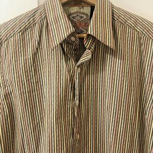 Robert Graham Long Sleeve Button Up Shirt Men's Medium Silk Cuffs/Trim Brown EUC